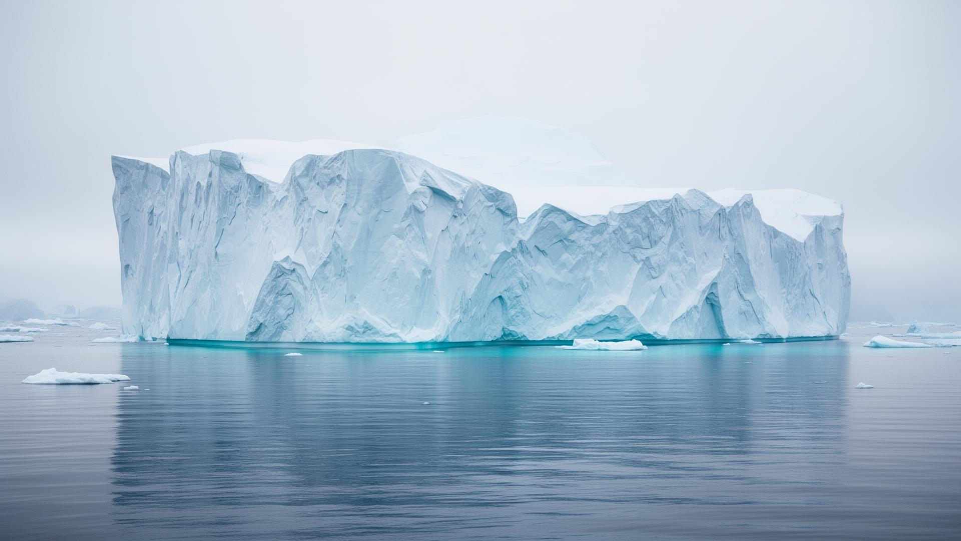 A massive iceberg drifting in still arctic water under soft white light
